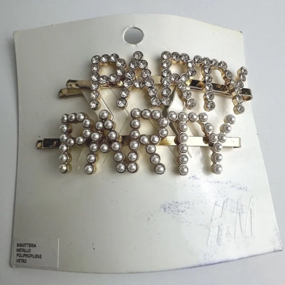 H&M‎ PARTY Hair Clip Set Gold Tone Rhinestone Pearl Bobby Pins 2pc New Chic J-01